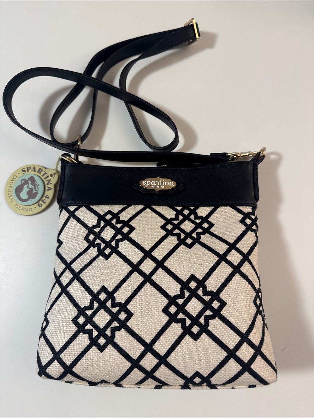 Spartina 449 Black & White Patterned Crossbody with Gold Accents